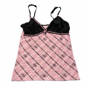 90s/Y2K Vive Maria European Vintage Plaid Logo Mesh Goth Cami (Pink/Black) XS/S